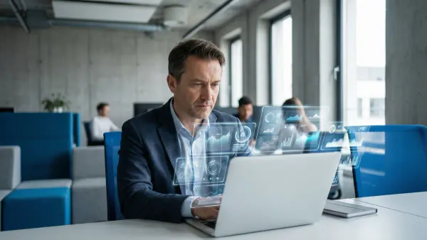 Middle manager using AI performance review tools on a laptop