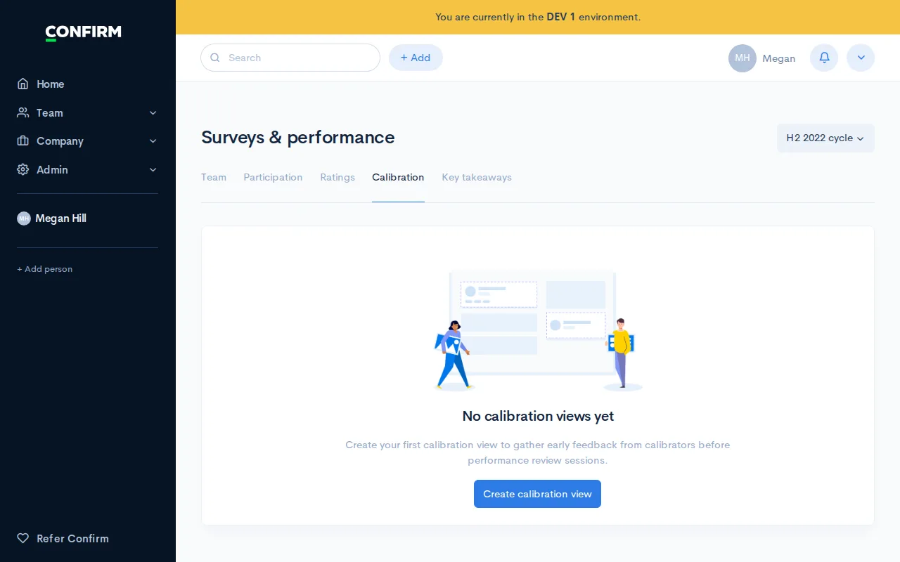 Confirm calibration view showing rating distribution and bias flags