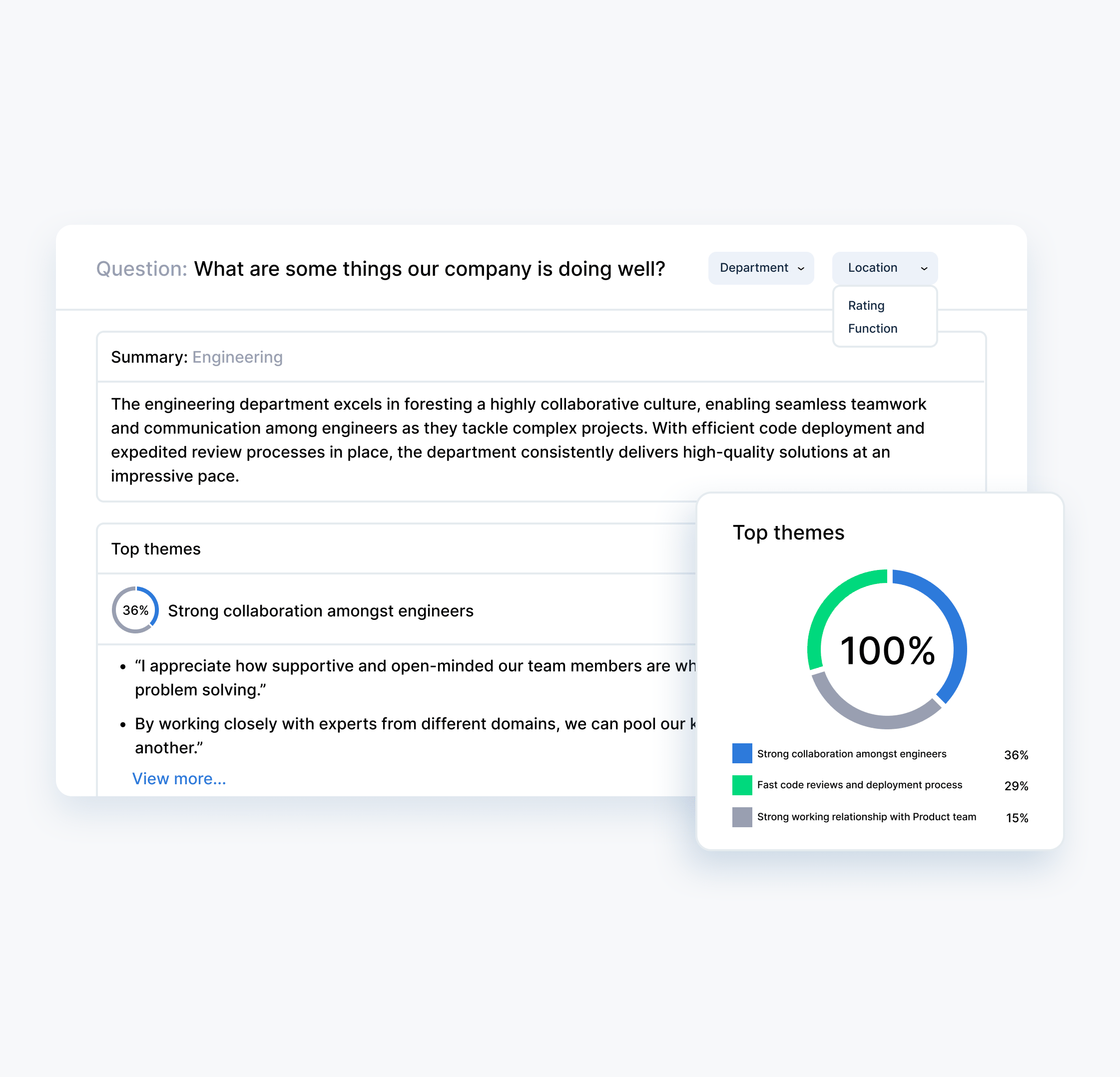GPT-4 powered engagement survey analysis showing AI-generated summaries and key insights from employee feedback