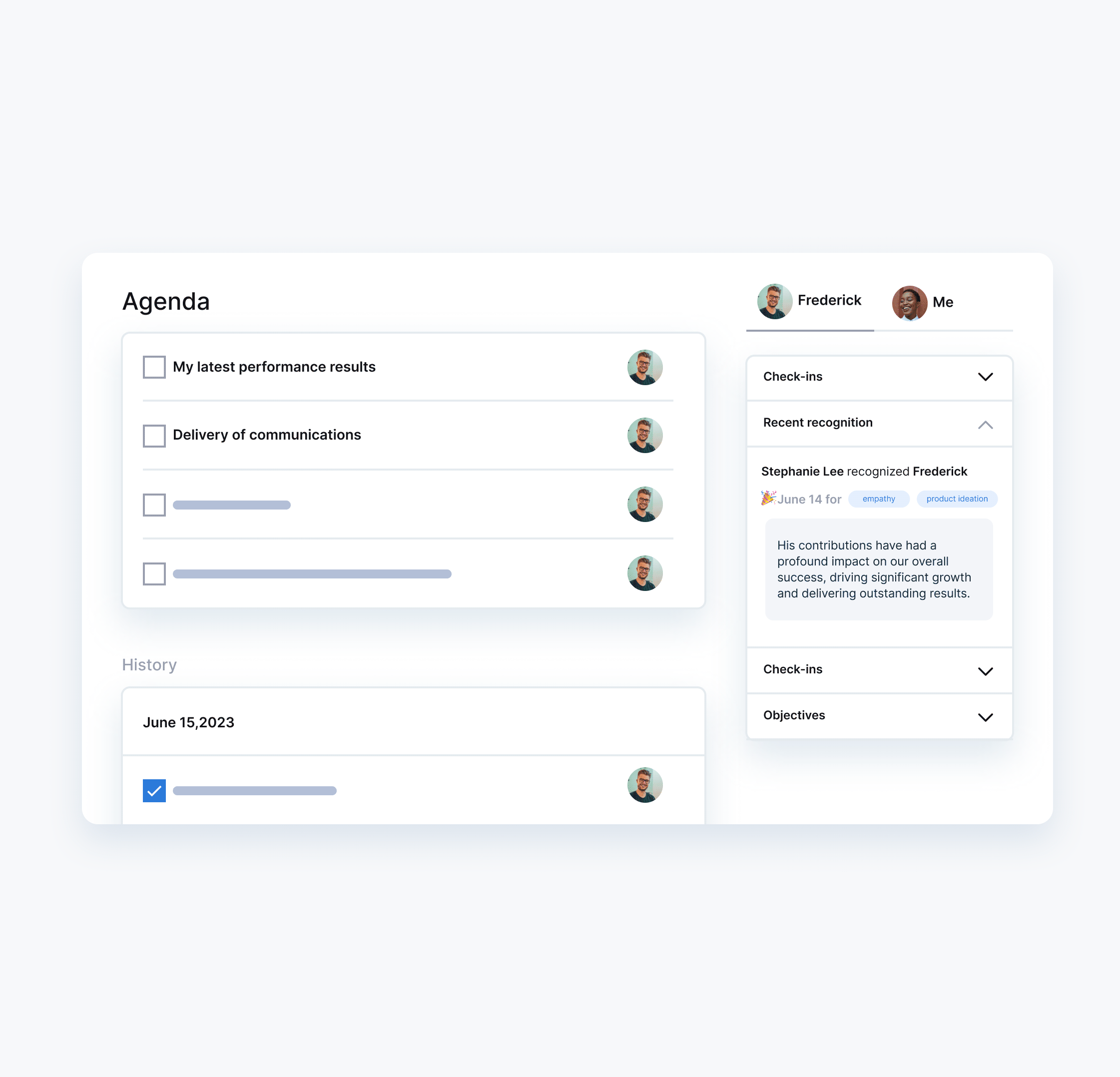 Structured 1:1 meeting template integrated with OKR progress, employee sentiment, and career goals