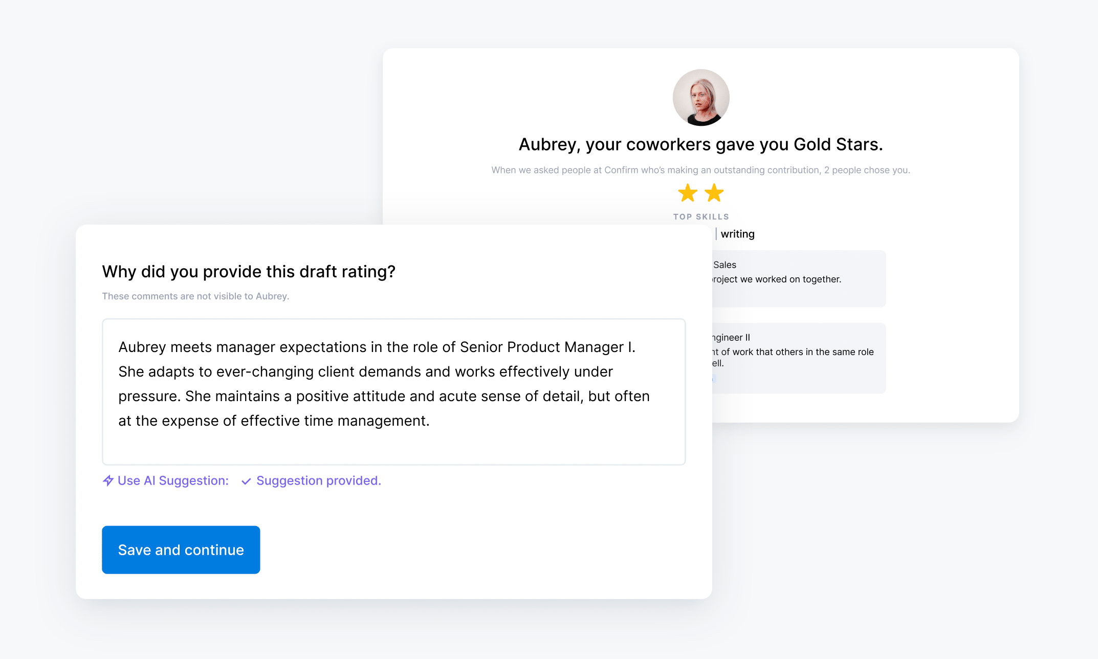 Confirm performance review interface with AI-assisted manager evaluations