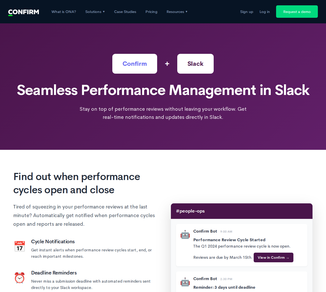 Confirm Slack integration showing AI agents delivering peer feedback and performance cycle notifications in DMs